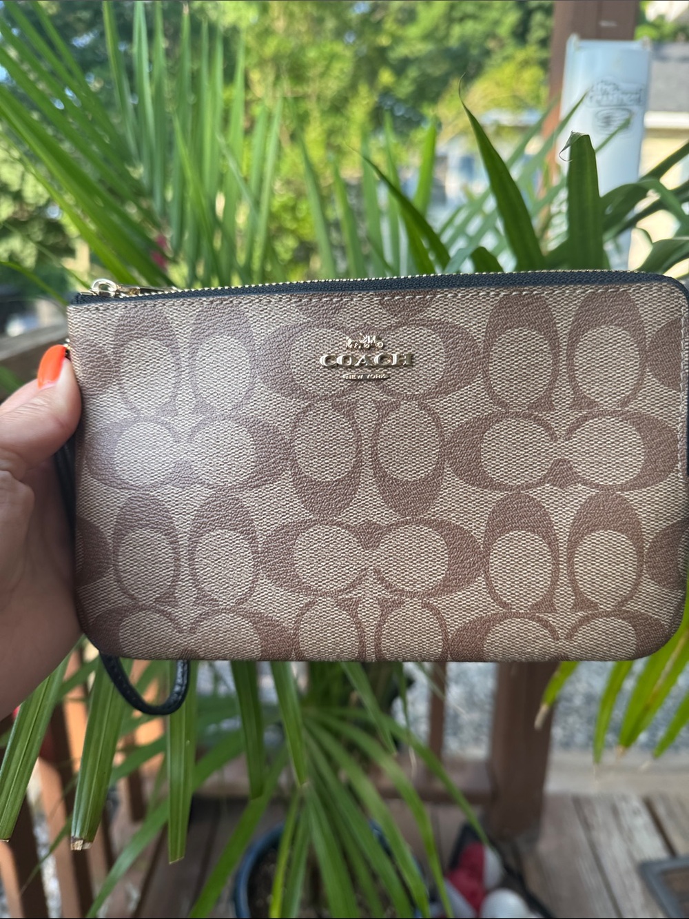 Coach Brown Signature Zip Wristlet with Gold Logo